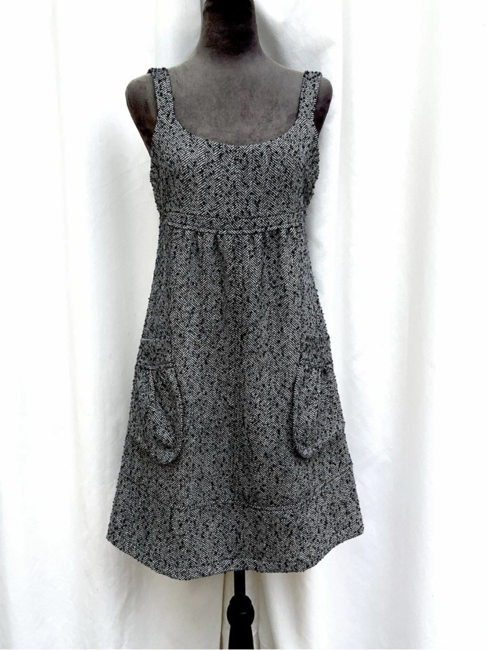 Walter Wool Blend Textured Tweed Dress Size S Herringbone Patch Pockets